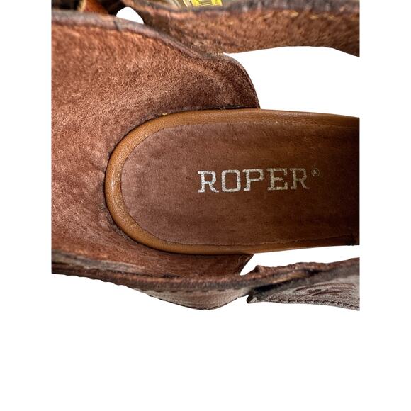 Roper Mika Mule Heels Floral Tooled Tan Leather Women's 8 Open Toe Buckle Close - Picture 10 of 12